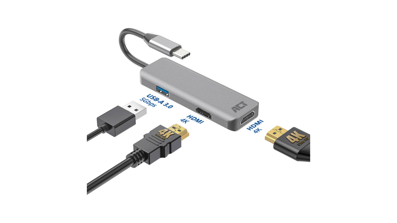 Adapter ACT USB-C 4K multiport voor 2 HDMI monitoren