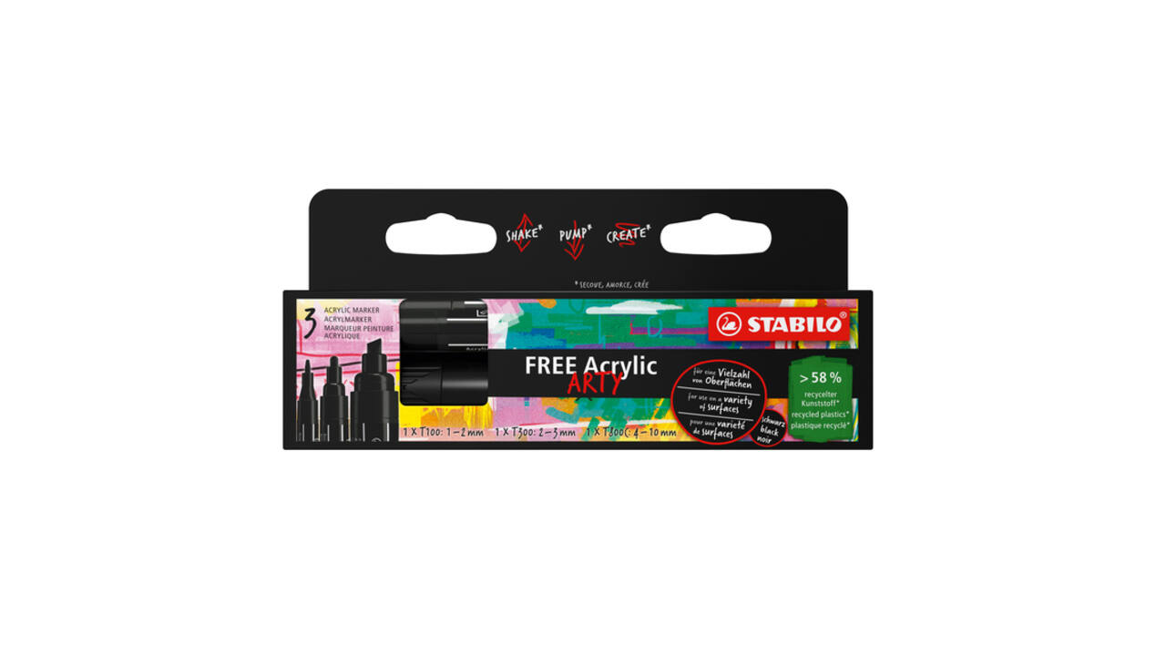 Acrylmarker STABILO  Free Acrylic Mixed Tip set à 3 breedtes zwart