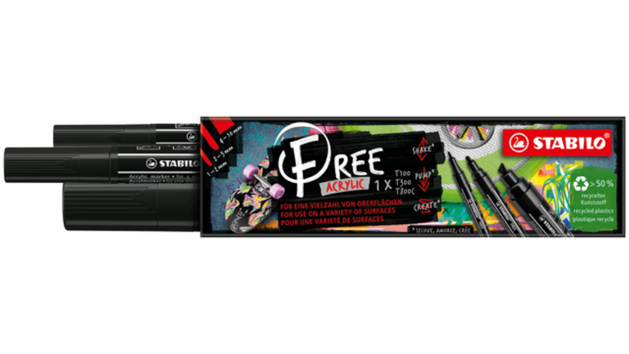 Acrylmarker STABILO  Free Acrylic Mixed Tip set à 3 breedtes zwart