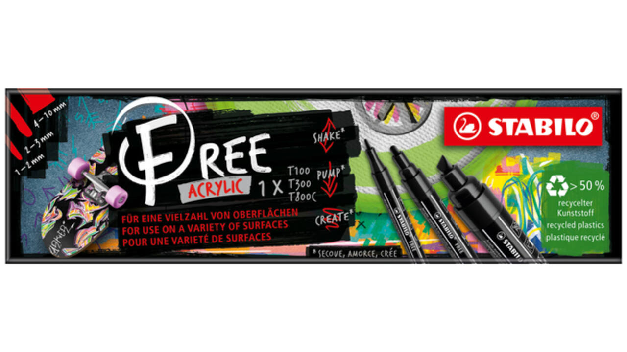 Acrylmarker STABILO  Free Acrylic Mixed Tip set à 3 breedtes zwart