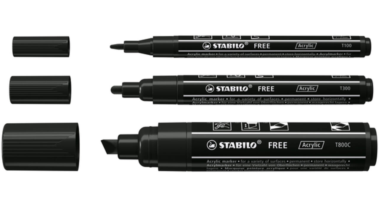 Acrylmarker STABILO  Free Acrylic Mixed Tip set à 3 breedtes zwart