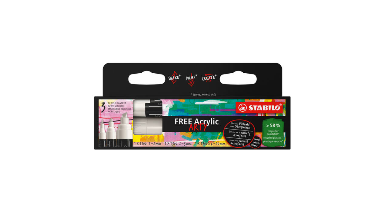 Acrylmarker STABILO  Free Acrylic Mixed Tip set à 3 breedtes wit