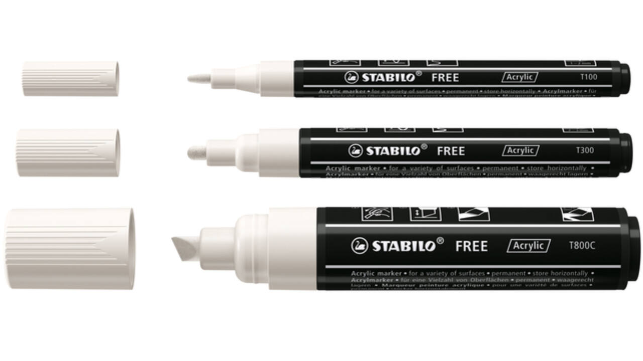 Acrylmarker STABILO  Free Acrylic Mixed Tip set à 3 breedtes wit