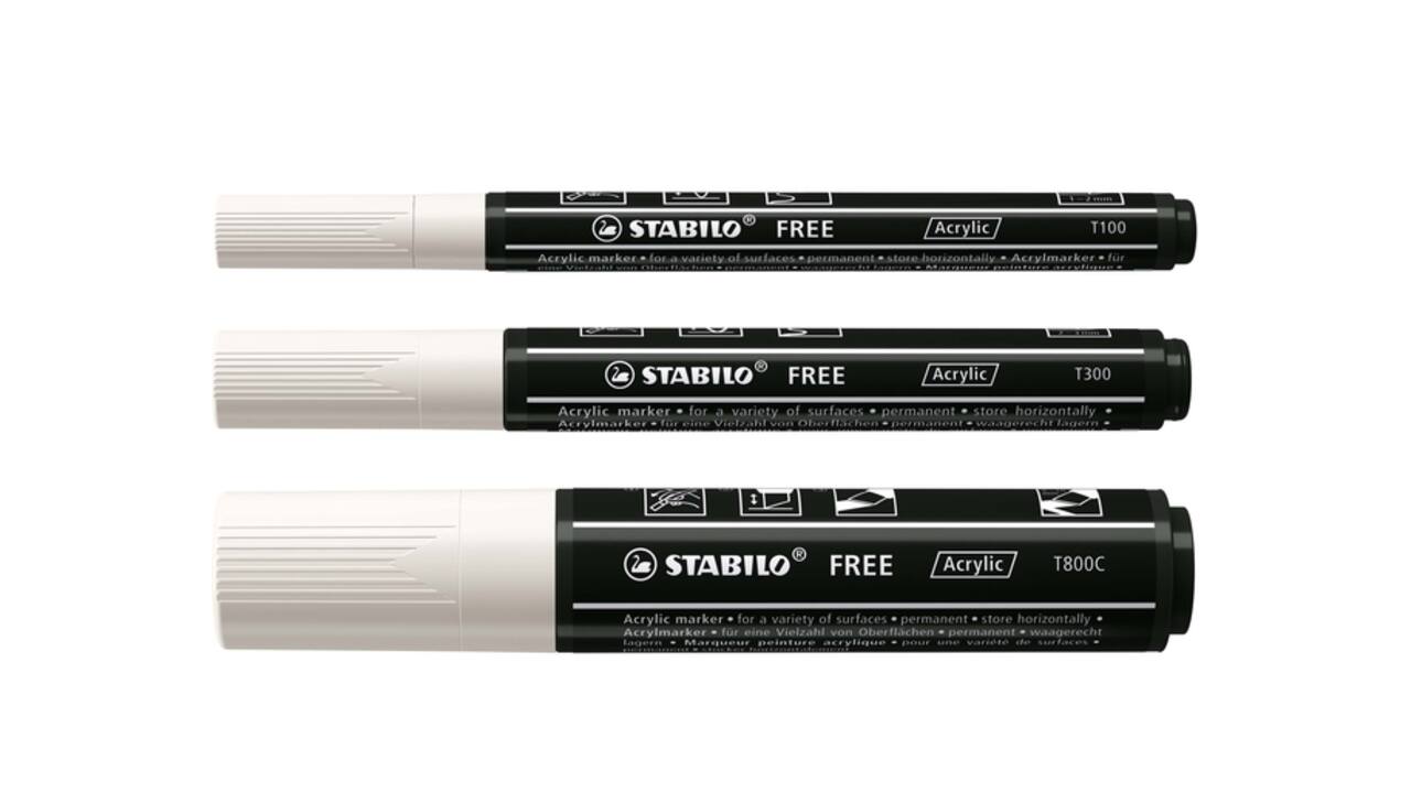 Acrylmarker STABILO  Free Acrylic Mixed Tip set à 3 breedtes wit
