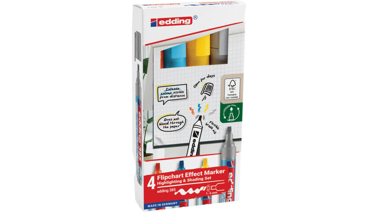 Viltstift edding 385 flipover penseelpunt assorti 4 stuks