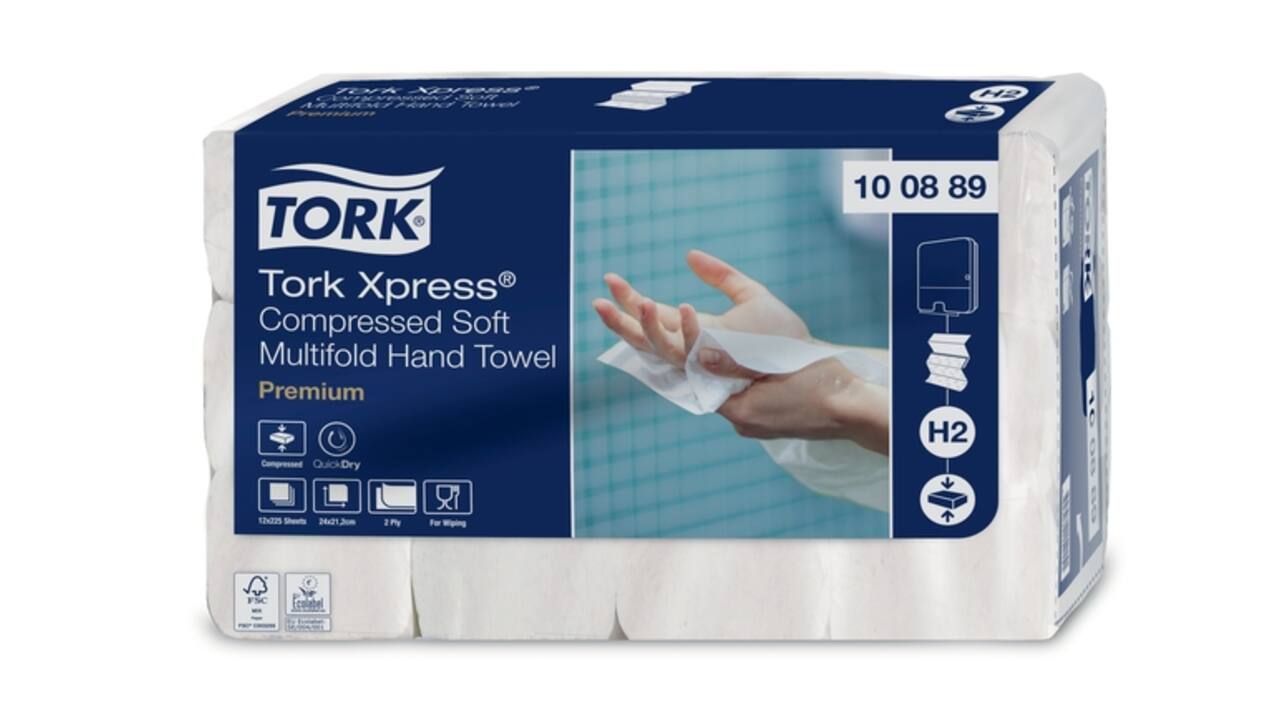 Handdoek Tork H2 Xpress compressed Premium multifold 2-laags 212x240mm 12x225 vel wit 100889