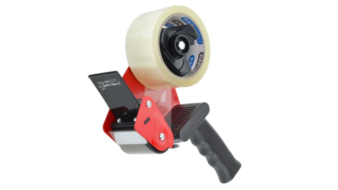 Verpakkingstape dispenser Rapesco Germ-Savvy 960 antibacterieel met transparante tape zwart