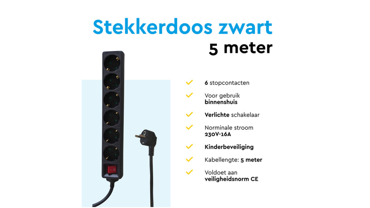 Stekkerdoos BRASQ 6 voudig 5 meter zwart