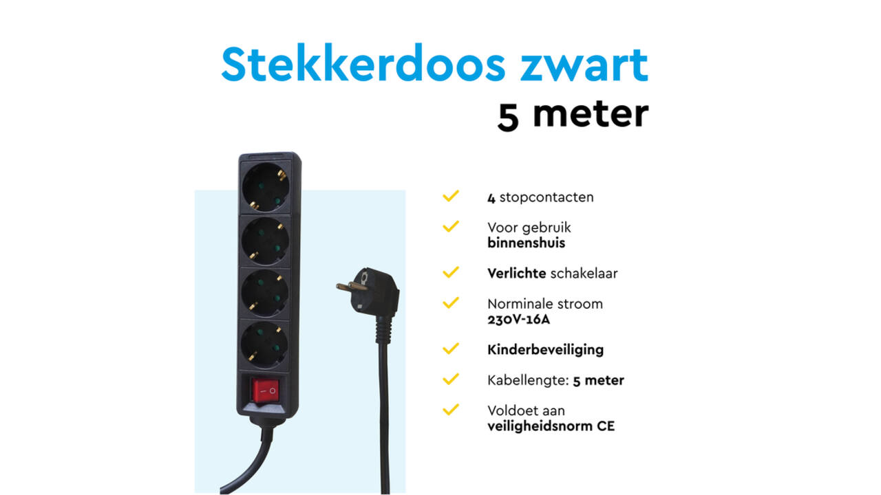 Stekkerdoos BRASQ 4 voudig 5 meter zwart