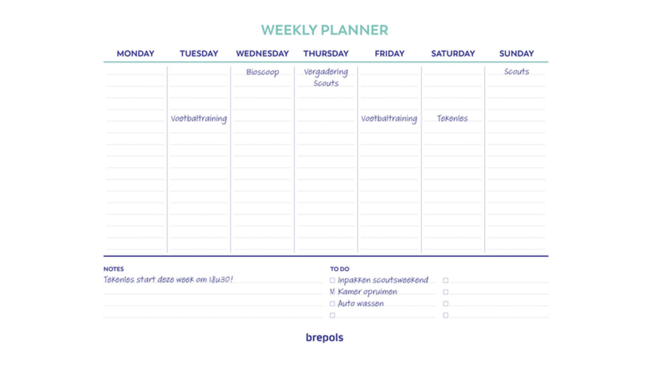 Planner Brepols Weekly A4 7dagen/1pagina horizontaal assorti