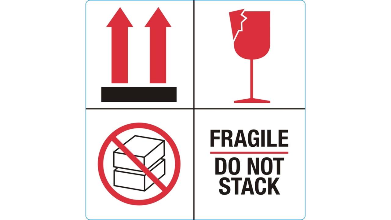 Waarschuwingsetiket IEZZY fragile do not stack 100mmx100mm 1000 stuks