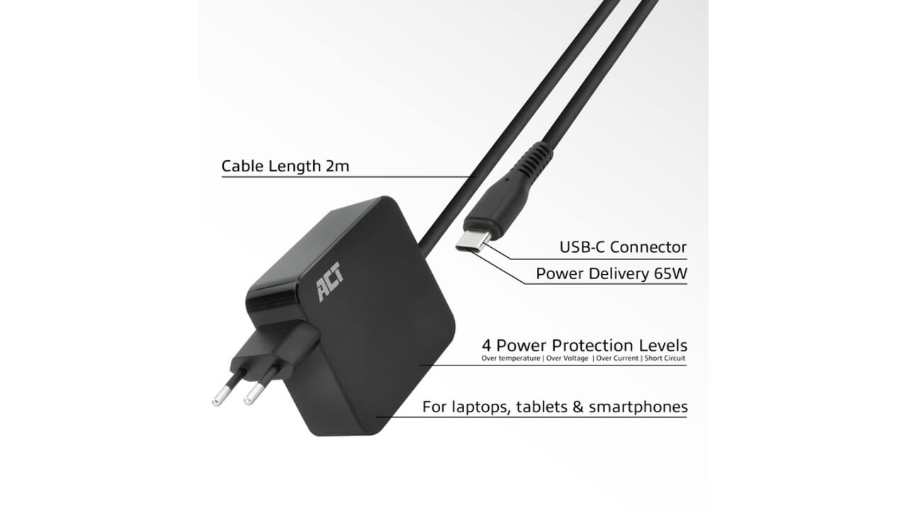 Laptop Oplader ACT USB-C Power Delivery 65W 2mtr