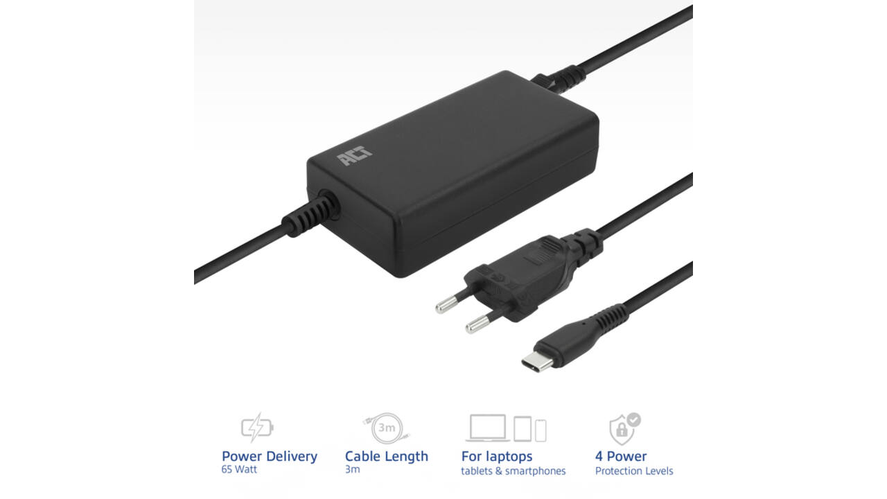Laptop Oplader ACT USB-C Power Delivery 65W 3mtr