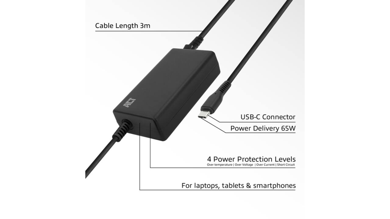 Laptop Oplader ACT USB-C Power Delivery 65W 3mtr