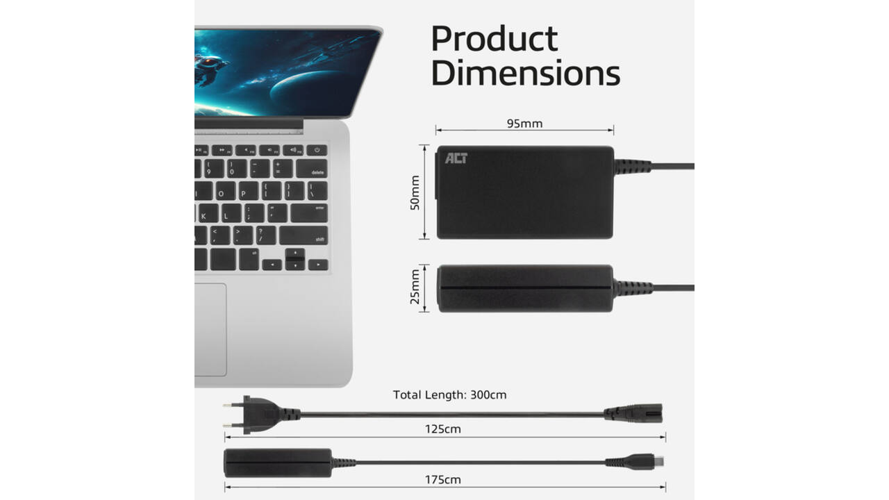 Laptop Oplader ACT USB-C Power Delivery 65W 3mtr