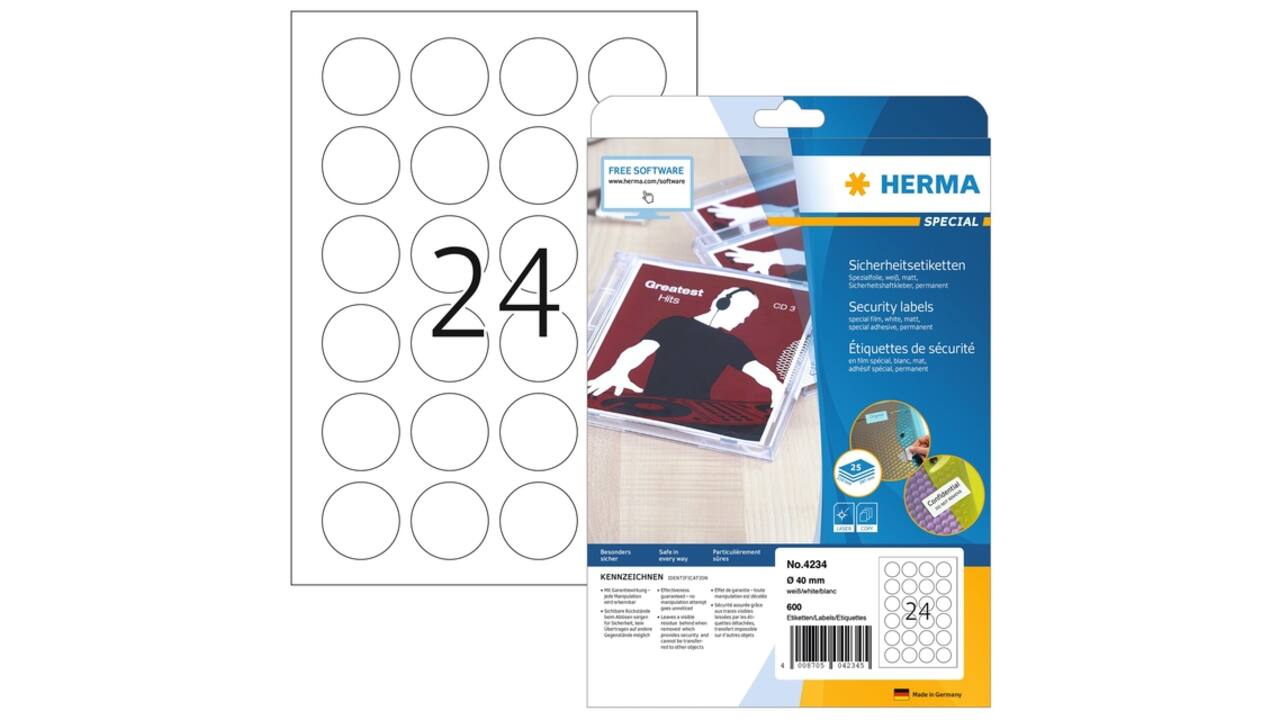 Veiligheidsetiket HERMA 4234 rond 40mm wit 600 stuks