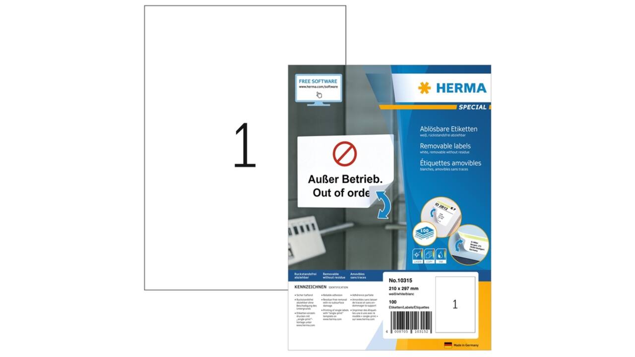 Etiket HERMA 10315 210x297mm verwijderbaar wit 100 stuks