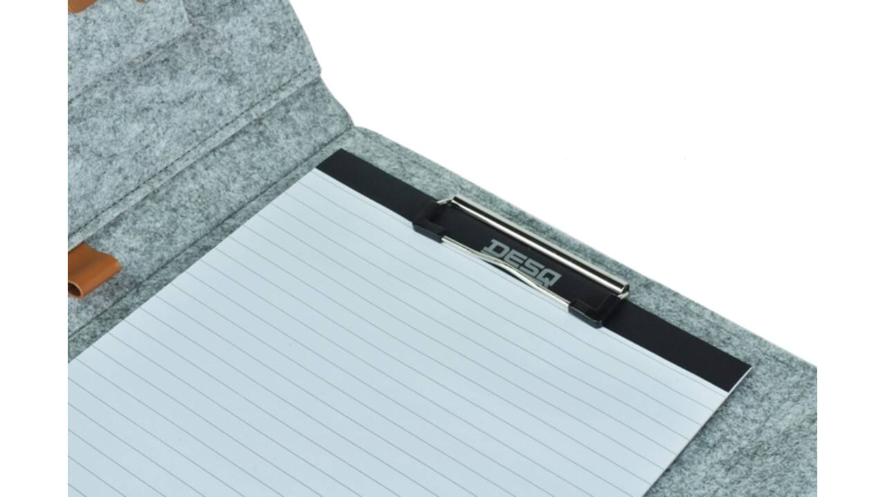 Schrijfmap DESQ A4 vilt met papierclip en elastiek sluiting grijs