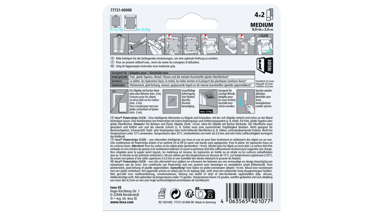 Kleefstip tesa Powerstrips Click Medium 4 paar wit