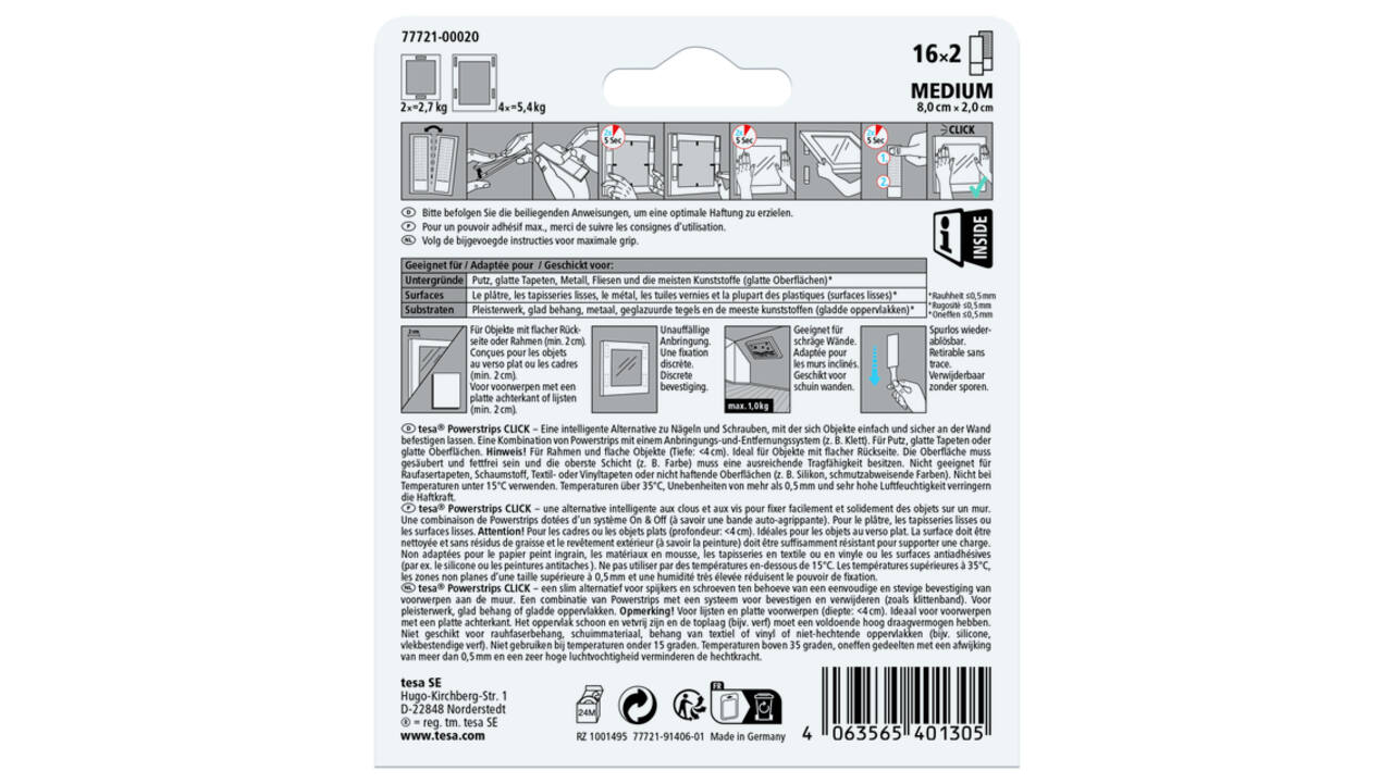 Kleefstip tesa Powerstrips Click Medium 16 paar wit