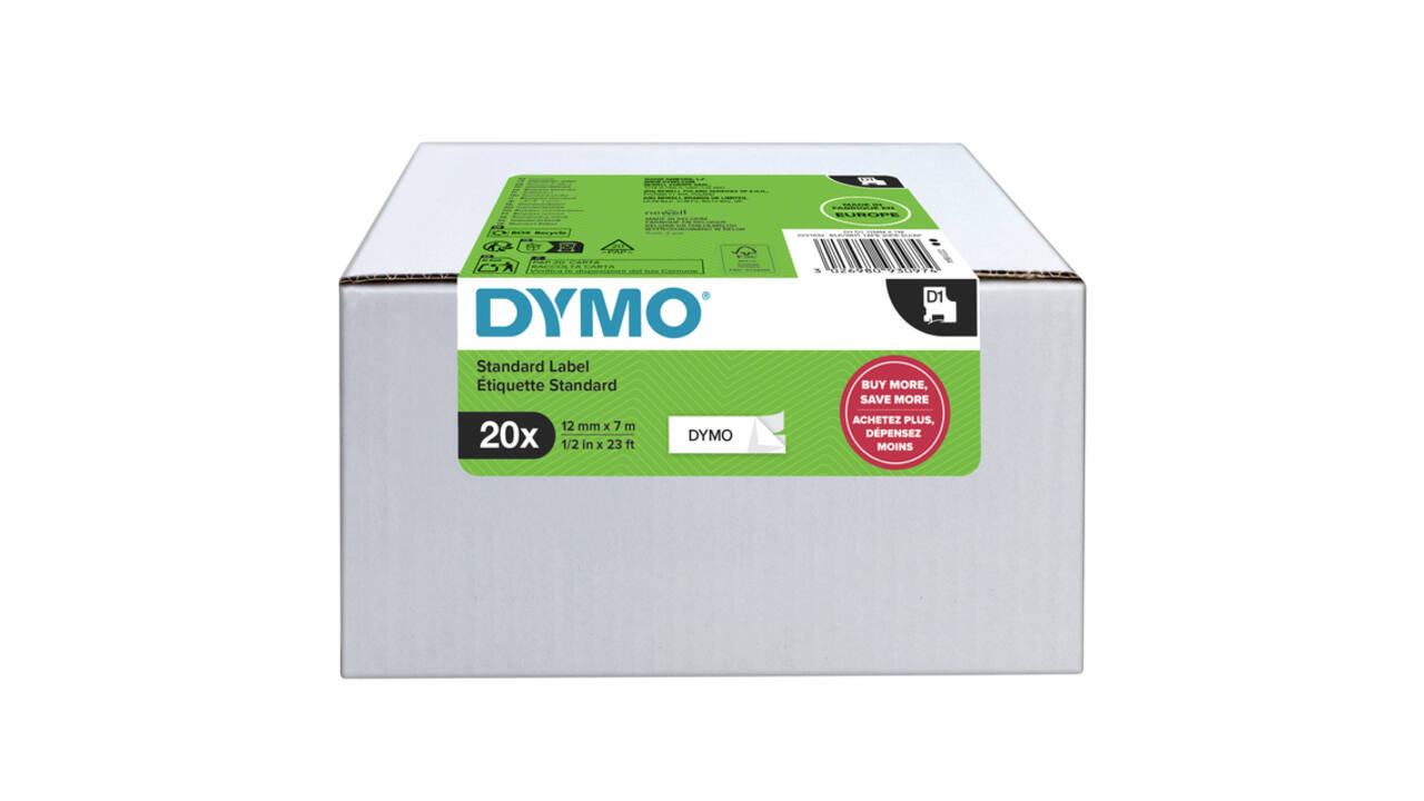 Labeltape Dymo LabelManager D1 polyester 12mmx7m wit op zwart  20 stuks