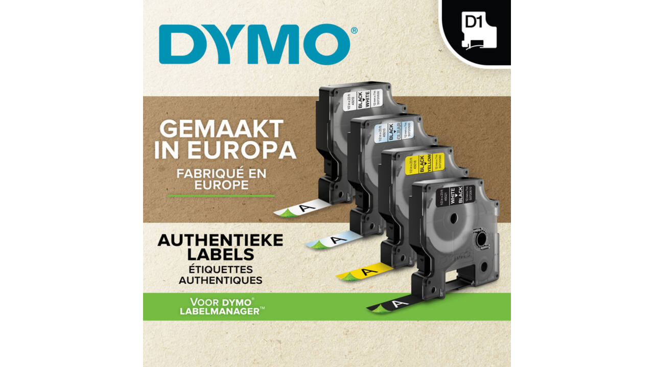 Labeltape Dymo LabelManager D1 polyester 12mmx7m wit op zwart  20 stuks