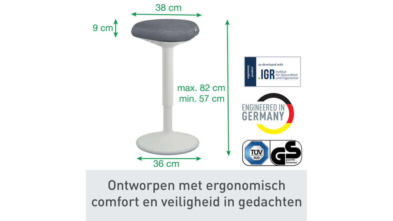 Actieve zit-sta kruk Leitz Ergo met gasveer 57-82 cm grijs