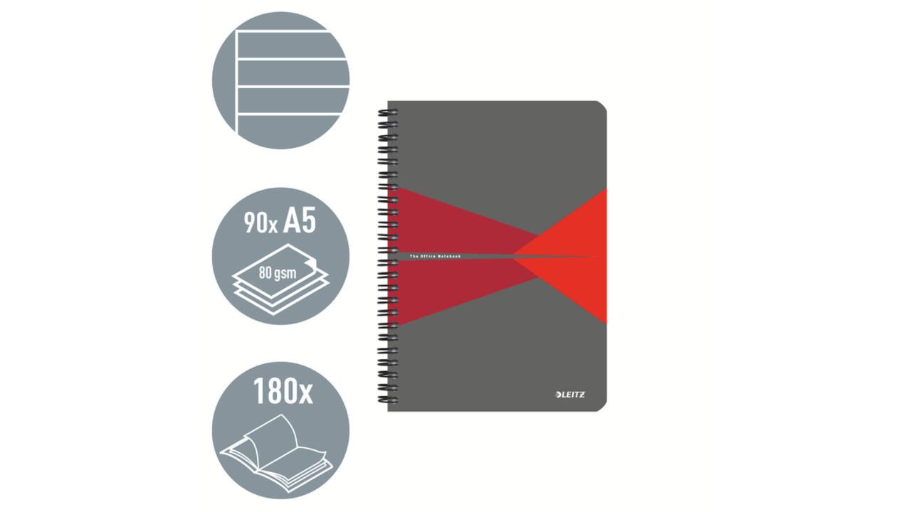 Notitieboek Leitz Office A5 lijn 180 pagina's 80gr grijs rood
