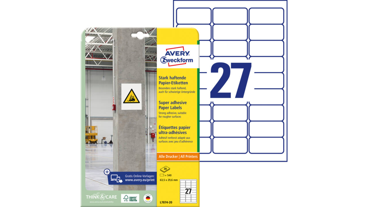 Etiket Avery L7874-20 63.5x29.6mm 540 stuks
