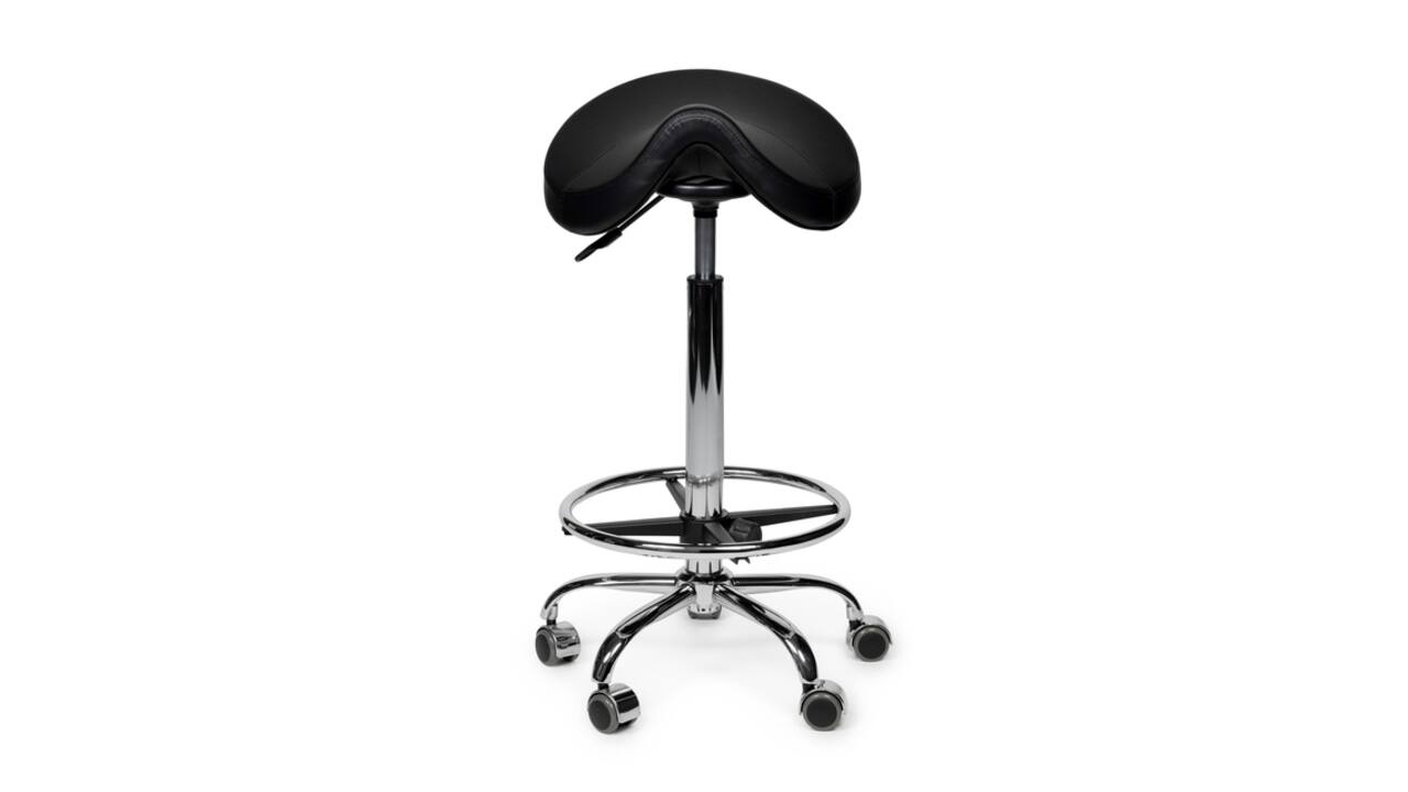 Zadelkruk Office Premium hoog met voetring harde wielen zw
