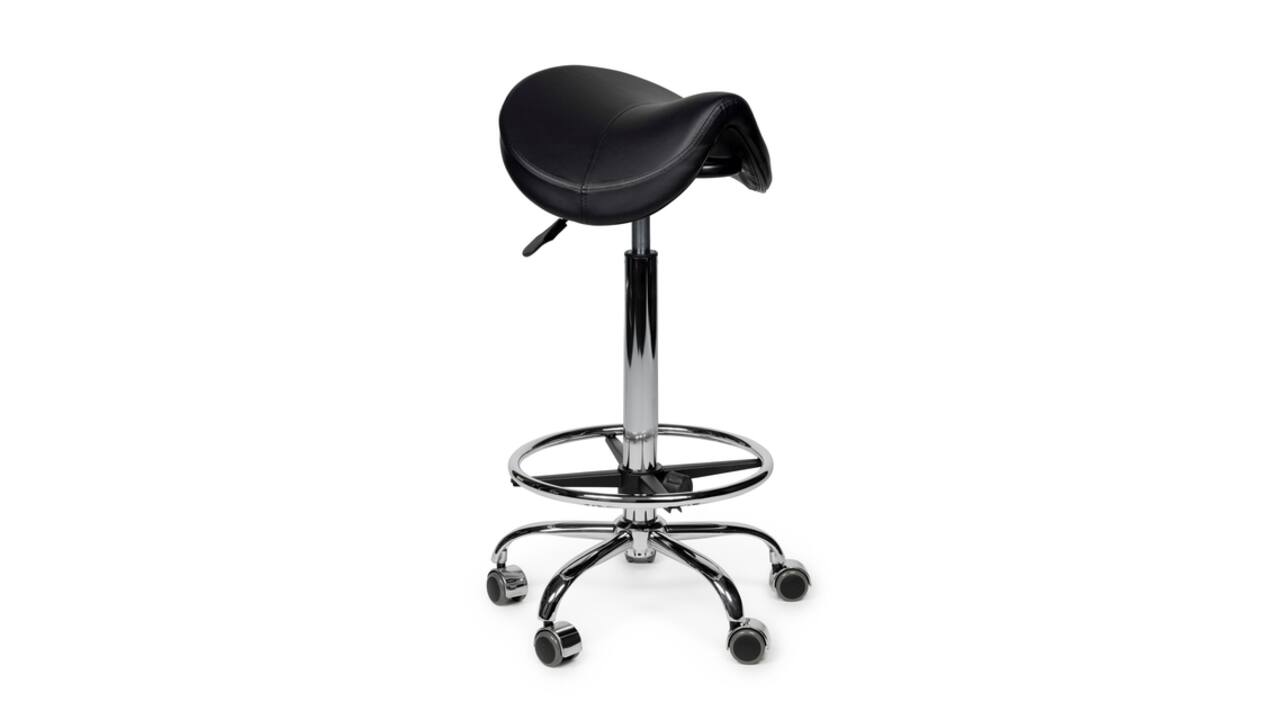 Zadelkruk Office Premium hoog met voetring harde wielen zw