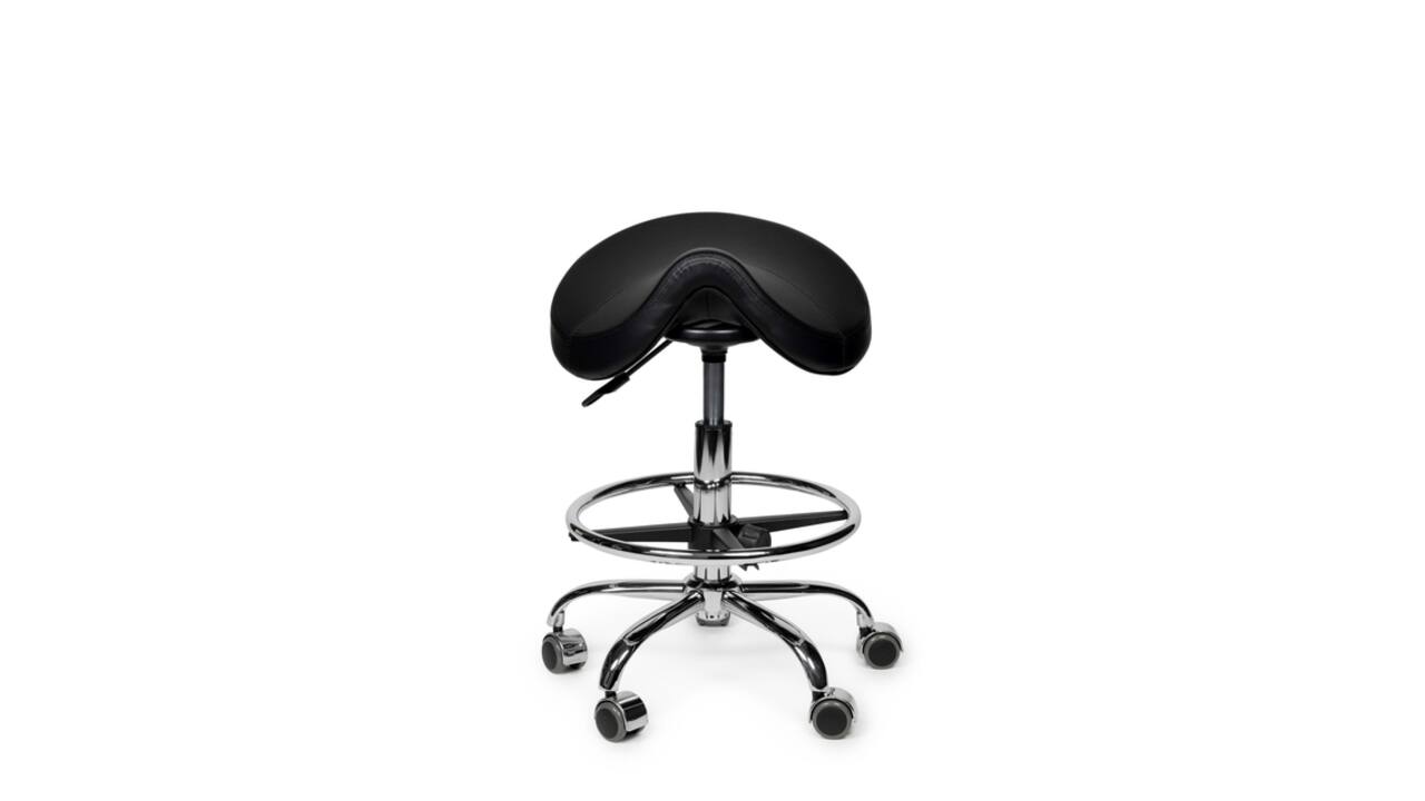 Zadelkruk Office Premium laag met voetring harde wielen zw