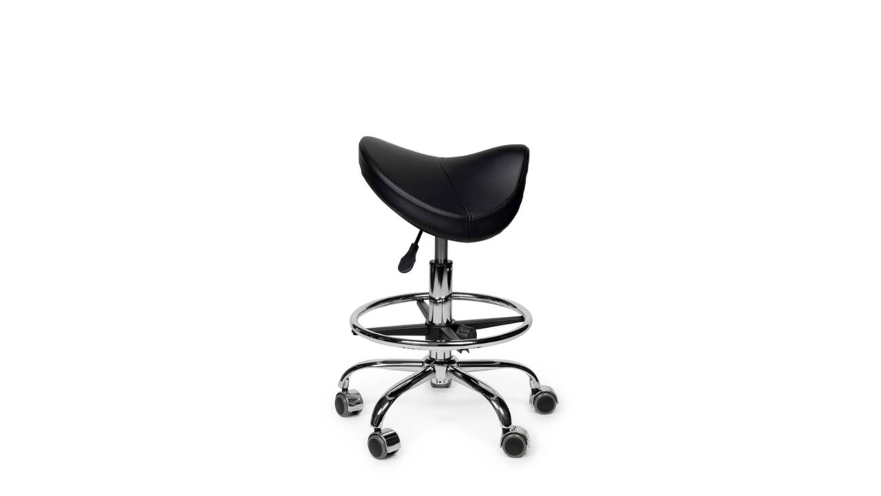 Zadelkruk Office Premium laag met voetring harde wielen zw