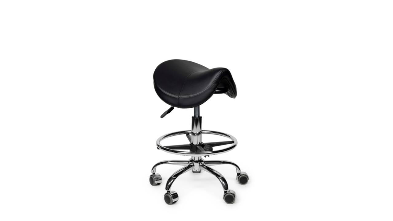Zadelkruk Office Premium laag met voetring harde wielen zw