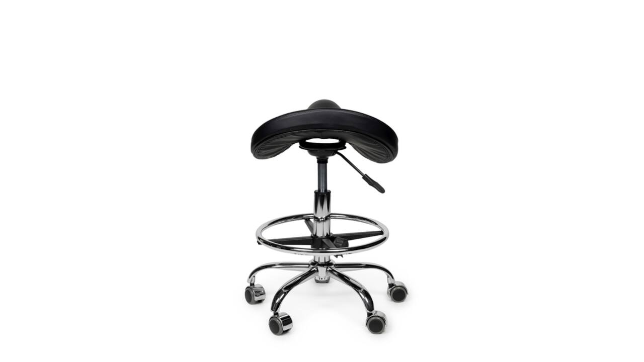 Zadelkruk Office Premium laag met voetring harde wielen zw