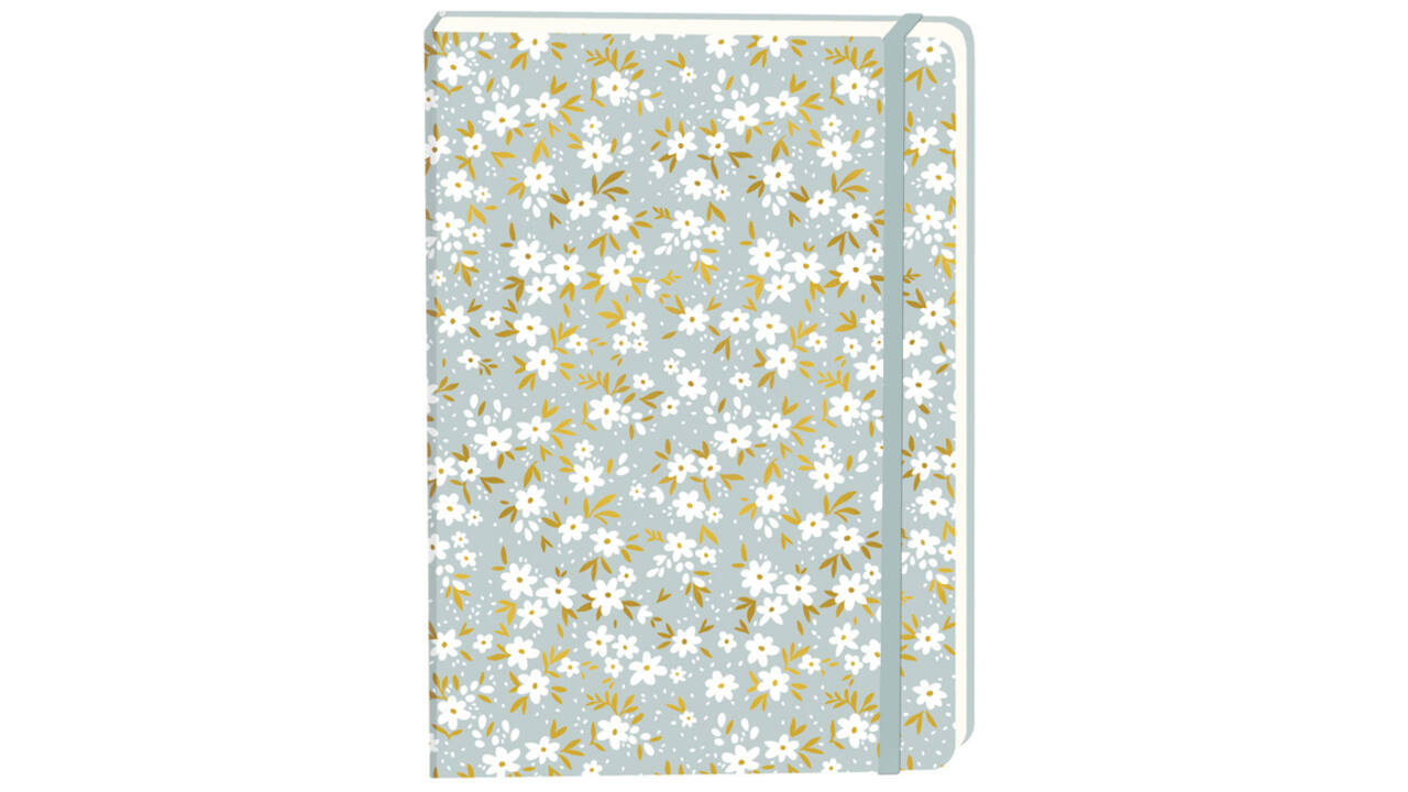 Notitieboek witte bloemen A5 lijn 92 pagina's softcover grijs