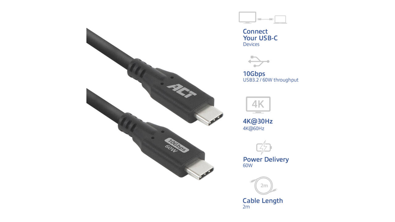 Kabel ACT USB-C 3.2 GEN.2 M/M zwart 2 meter