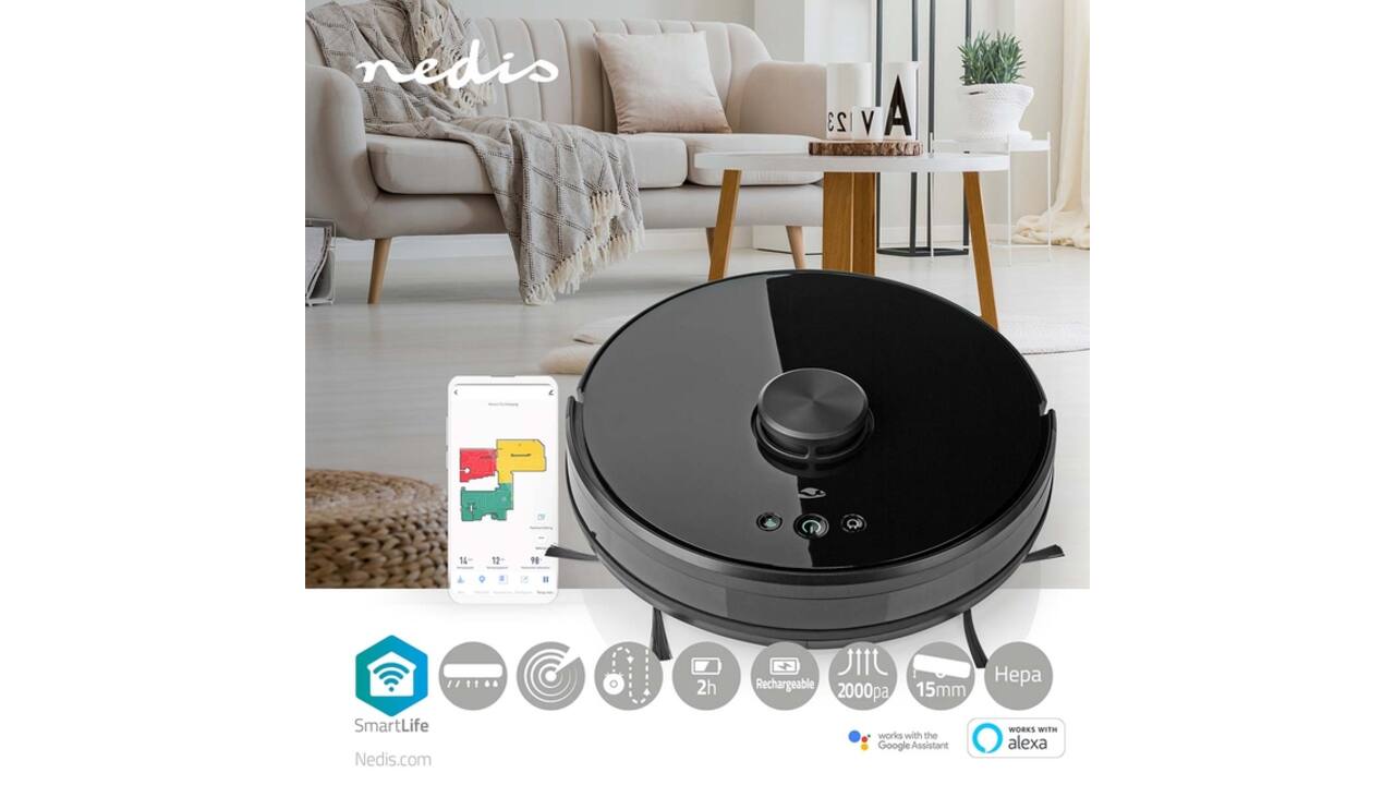 Robotstofzuiger Nedis Smartlife wifi laser 3-in-1 zwart