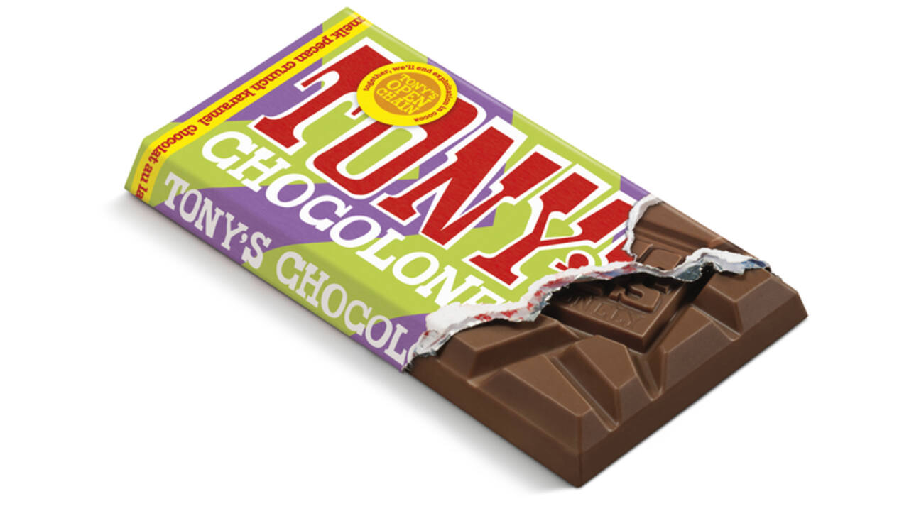 Chocolade Tony's Chocolonely melk karamel pecan crunch reep 90 gram