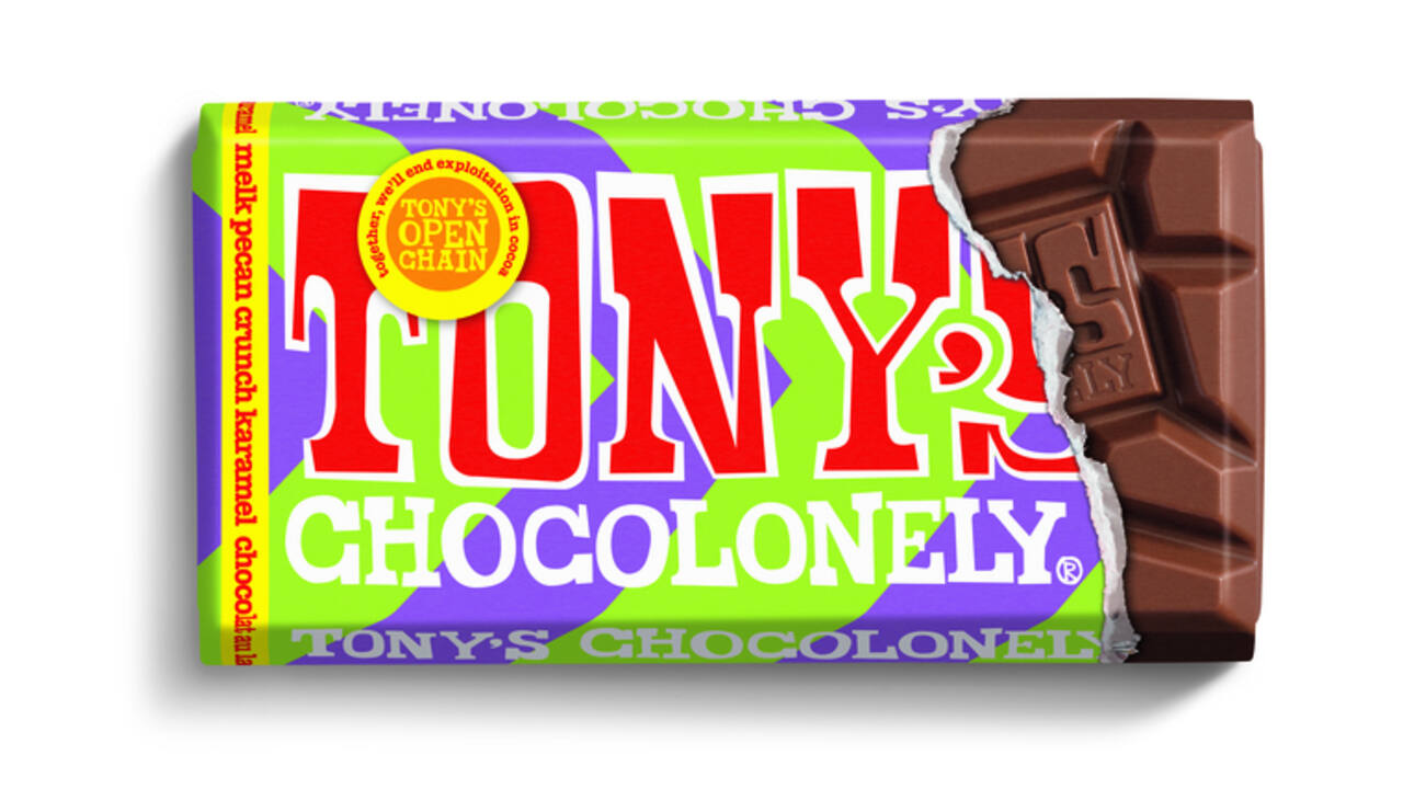 Chocolade Tony's Chocolonely melk karamel pecan crunch reep 90 gram