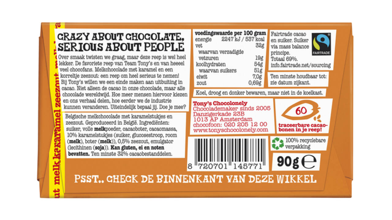 Chocolade Tony's Chocolonely melk karamel zeezout reep 90 gram