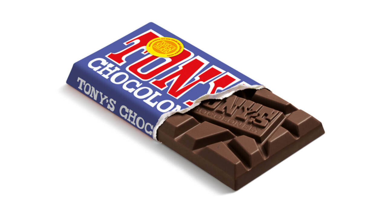 Chocolade Tony's Chocolonely donkere melk pretzel toffee reep 90 gram