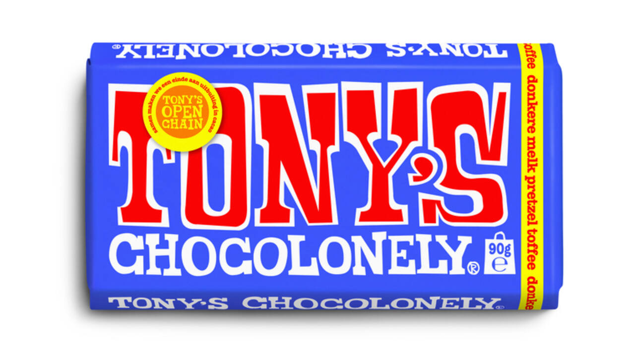 Chocolade Tony's Chocolonely donkere melk pretzel toffee reep 90 gram
