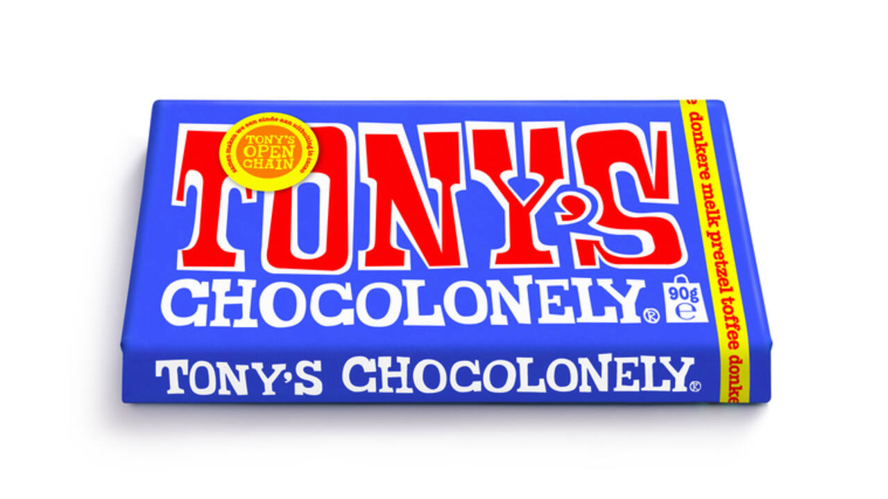 Chocolade Tony's Chocolonely donkere melk pretzel toffee reep 90 gram