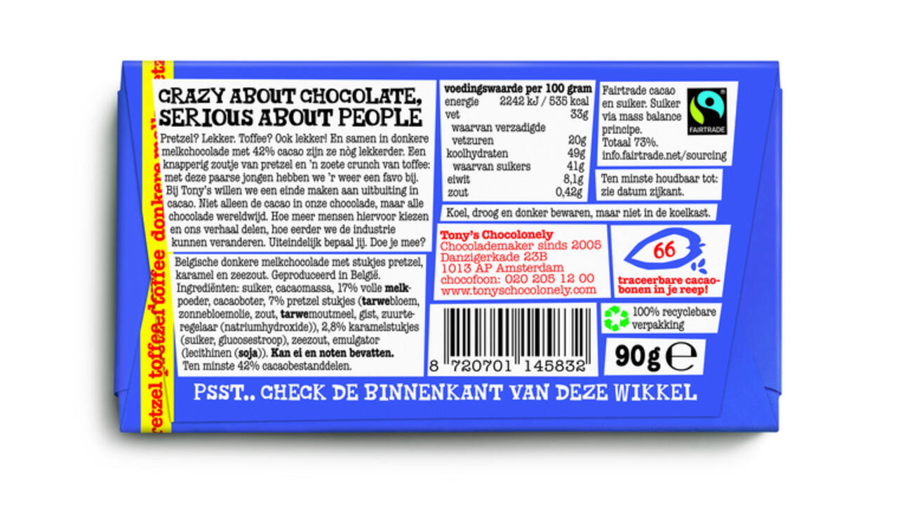 Chocolade Tony's Chocolonely donkere melk pretzel toffee reep 90 gram