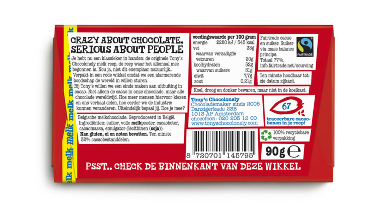 Chocolade Tony's Chocolonely melk reep 90 gram