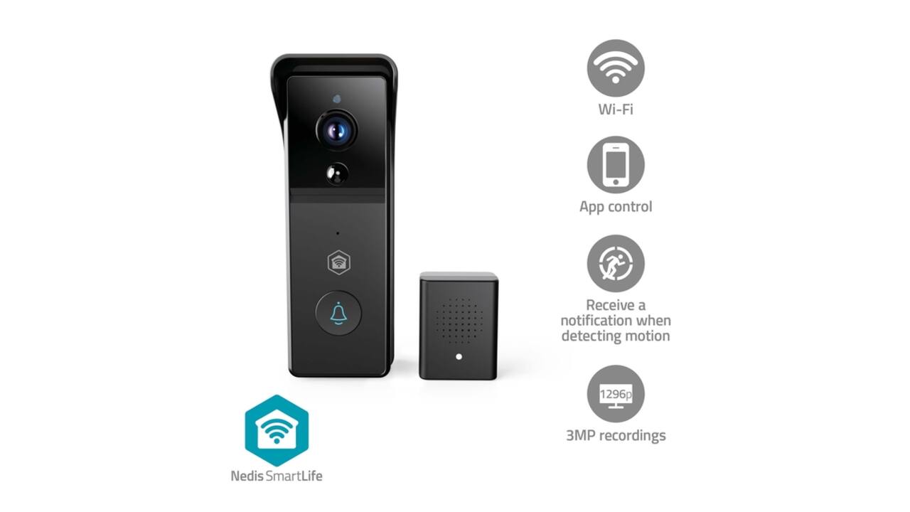 Videodeurbel Nedis Smartlife Wifi 3MP Full HD 1296p zwart
