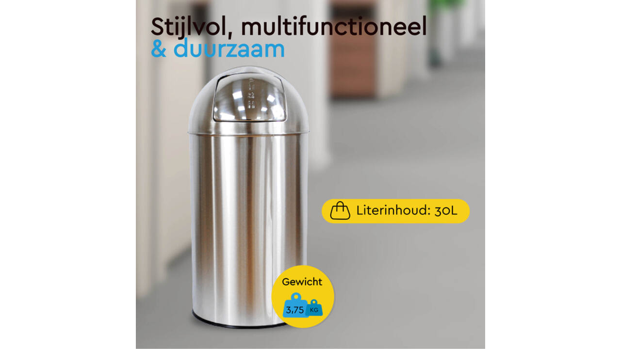 Afvalbak BRASQ Push Bin PB230+ 30 liter rvs