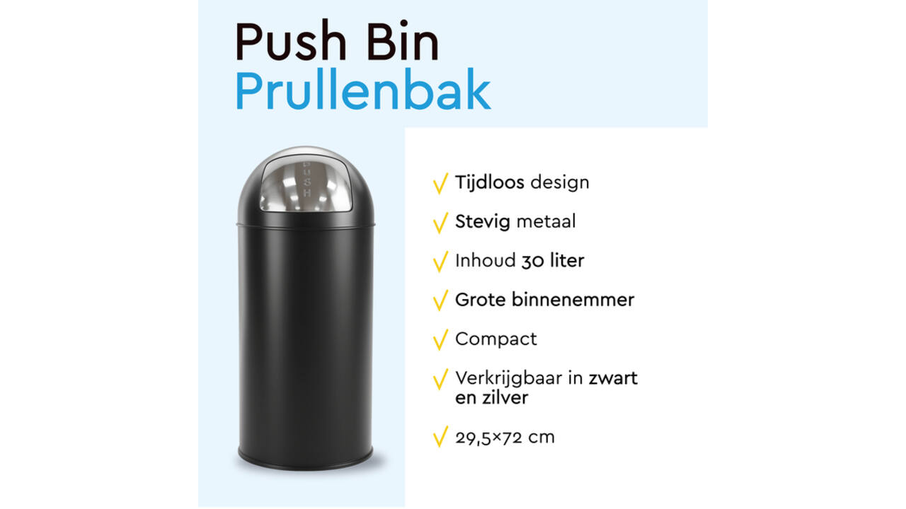 Afvalbak BRASQ Push Bin PB230+ 30 liter zwart