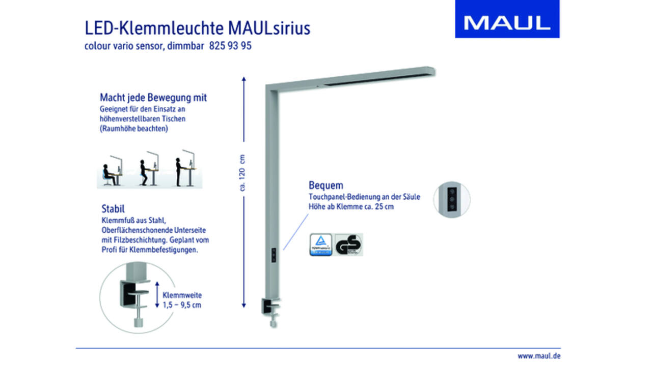Werkpleklamp tafelklem MAUL Sirius LED beweging- daglichtsensor dimbaar zilver